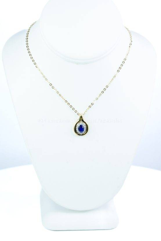 Natural Sapphire and Diamonds Halo Pendant in 18K White and Yellow Gold-1982493