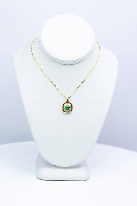 Emerald Cut Colombian Emerald and Diamonds Halo Pendant in 18K Yellow Gold-1982494