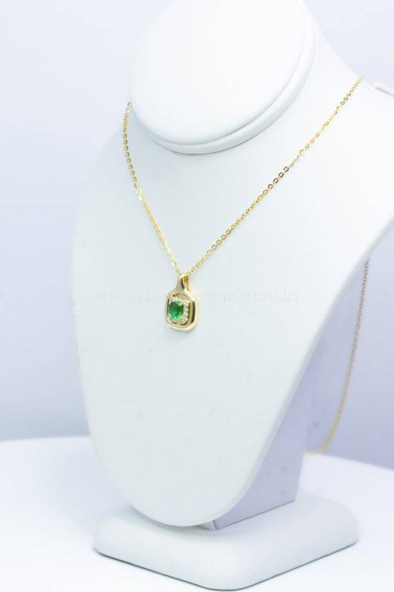 Emerald Cut Colombian Emerald and Diamonds Halo Pendant in 18K Yellow Gold-1982494-2