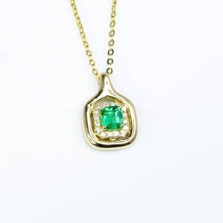 Emerald Cut Colombian Emerald and Diamonds Halo Pendant in 18K Yellow Gold-1982494-3