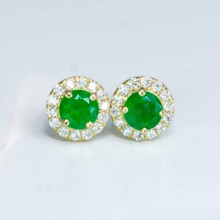 Round Colombian Emerald and Diamond Halo Studs Earrings 18K Yellow Gold - 1982509-2
