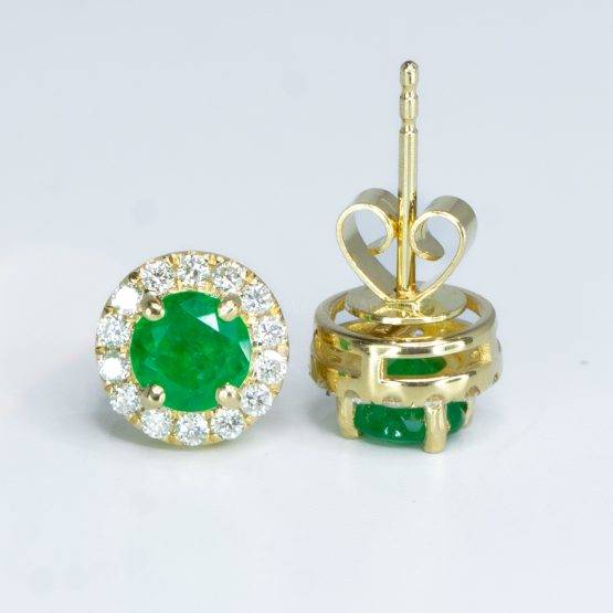 Round Colombian Emerald and Diamond Halo Studs Earrings 18K Yellow Gold - 1982509-3