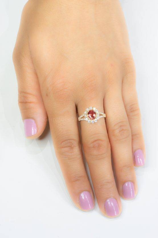Natural Padparadscha Sapphire Halo Ring Padparadscha and Diamonds Ring in 18K Gold - 1982515-3