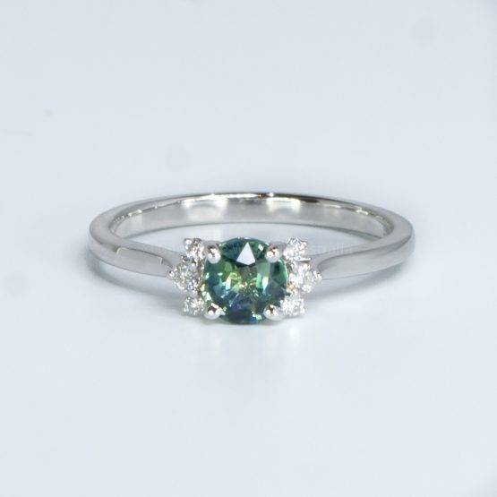 Unheated Teal Sapphire and Diamonds Ring in 14K White Gold - 1982525