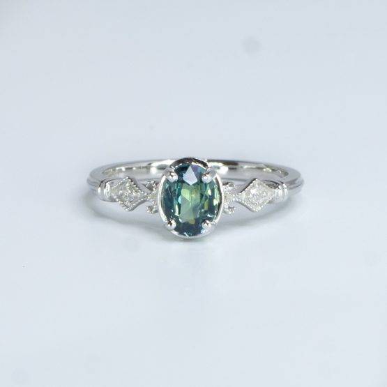 Natural unheated Teal Sapphire Ring Oval Cut Teal Sapphire and Diamond Ring - 1982526