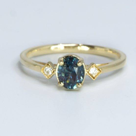 Unheated Teal Sapphire and Diamond Ring in Yellow Gold - 1982527