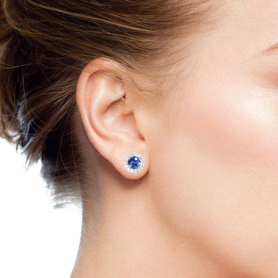 Natural Cornflower Blue Sapphire Stud Earrings Diamond Halo Studs - 1982544