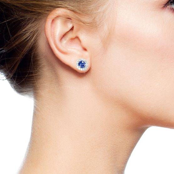 Natural Cornflower Blue Sapphire Stud Earrings Diamond Halo Studs - 1982544-1