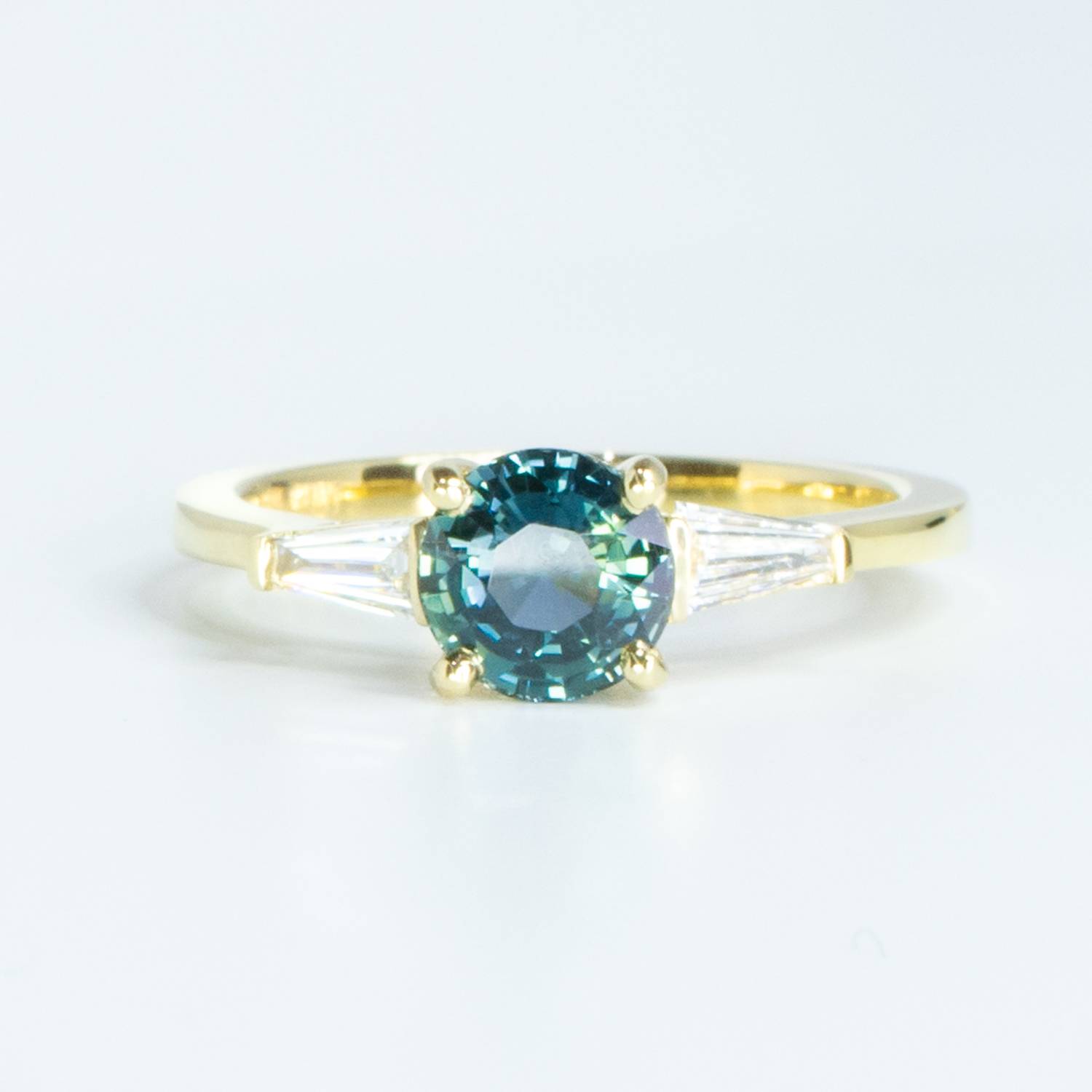Green Blue Sapphire Ring Round Sapphire Engagement Ring 18K Gold