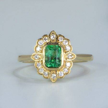 Emerald Cut Colombian Emerald Diamonds Ring, 18K Gold Art Deco inspired Emerald Ring - 1982559