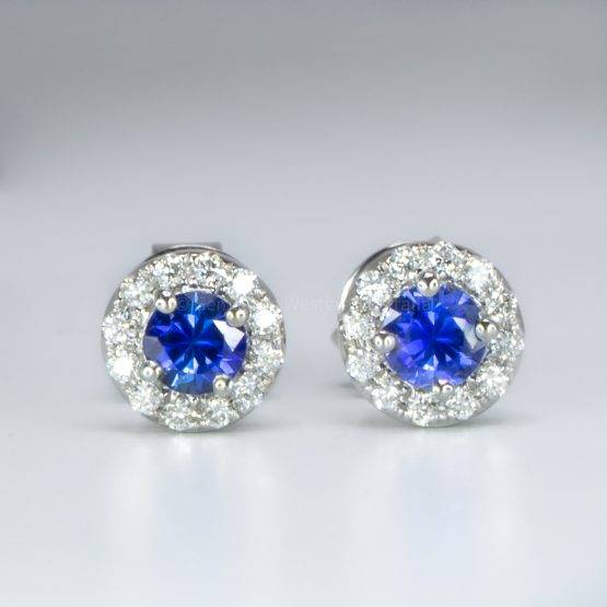 Natural Blue Sapphire Stud Earrings Diamond Halo Studs - 1982567