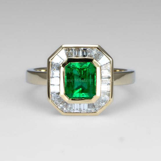 front view of Emerald Cut Colombian Emerald Ring with Baguette Diamond Halo - 1982858