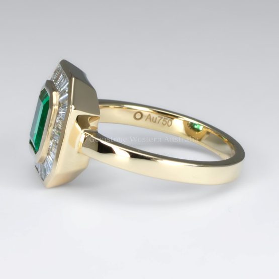 side view of Emerald Cut Colombian Emerald Ring with Baguette Diamond Halo - 1982858