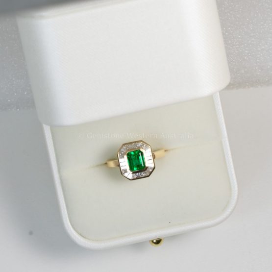 bird's eye view of Emerald Cut Colombian Emerald Ring with Baguette Diamond Halo - 1982858