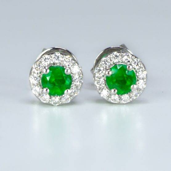 Round Emerald and Diamond Studs Colombian Emerald Halo Stud Earrings 18K Gold - 1982565-1