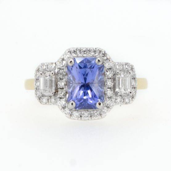 Natural Sapphire Three Stone Halo Ring Sapphire and Diamond Three Stone Ring - 1982578