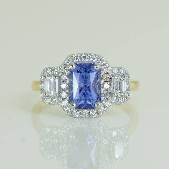 Natural Sapphire Three Stone Halo Ring Sapphire and Diamond Three Stone Ring - 1982578-5
