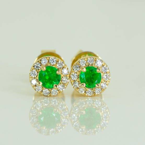 Natural Colombian Emerald and Diamond Studs Natural Emerald Halo Earrings in 18K Gold - 1982596