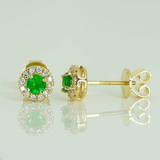 Natural Colombian Emerald and Diamond Studs Natural Emerald Halo Earrings in 18K Gold - 1982596-1