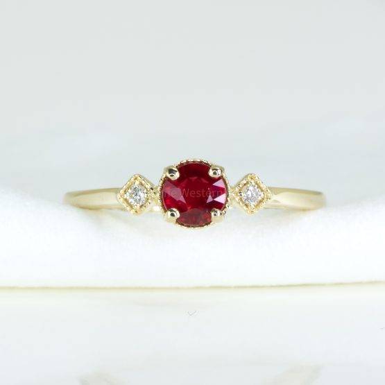 Unheated Ruby Three Stone Ring in 14K Yellow Gold