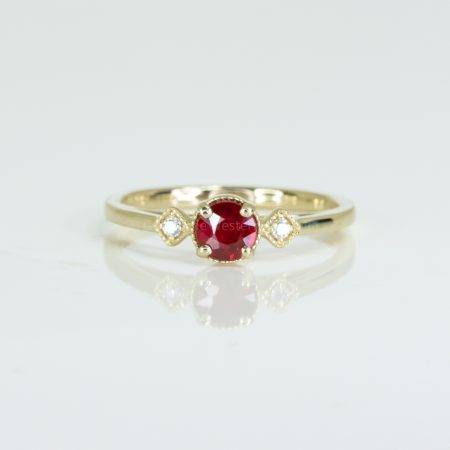 Unheated Ruby Three Stone Ring in 14K Yellow Gold -1