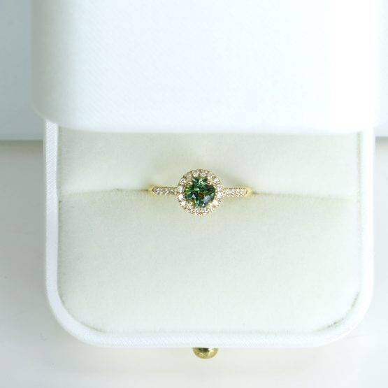 Unheated Teal Sapphire and Diamond Halo Ring in 18K Gold - 1982633