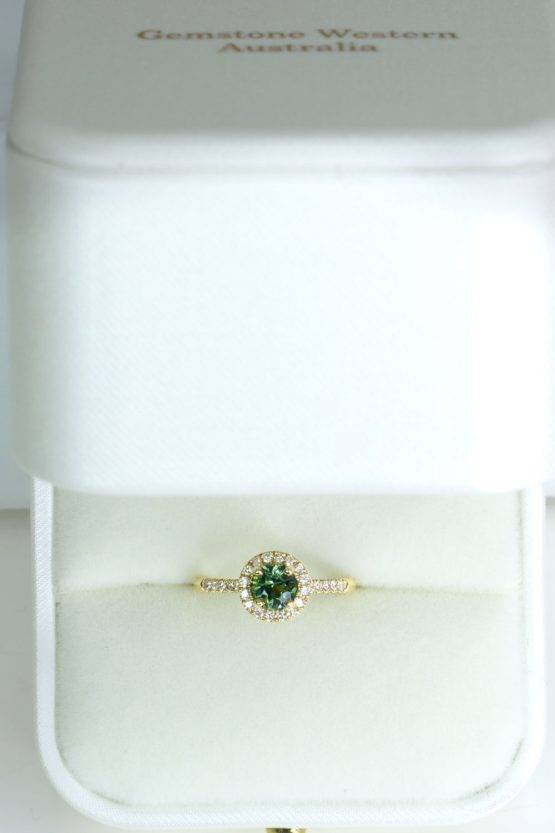 Unheated Teal Sapphire and Diamond Halo Ring in 18K Gold - 1982633-1