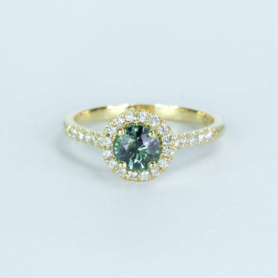 Unheated Teal Sapphire and Diamond Halo Ring in 18K Gold - 1982633-2