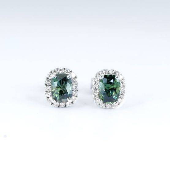 2.11ct Natural Teal Sapphire Studs | Unheated Teal Sapphire and Diamond Studs in 18K Gold - 1982688