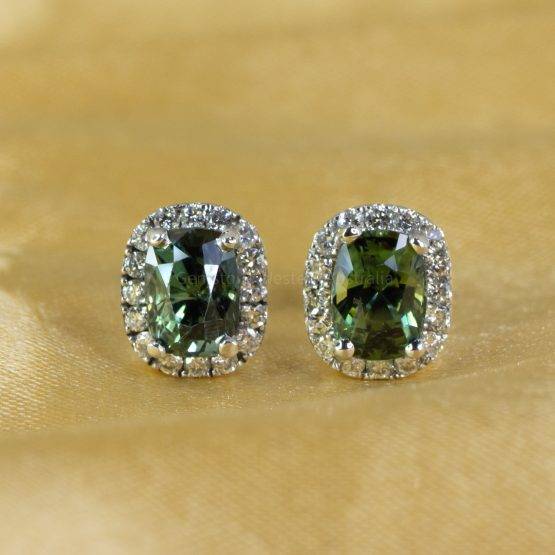 2.11ct Natural Teal Sapphire Studs | Unheated Teal Sapphire and Diamond Studs in 18K Gold - 1982688 - 2