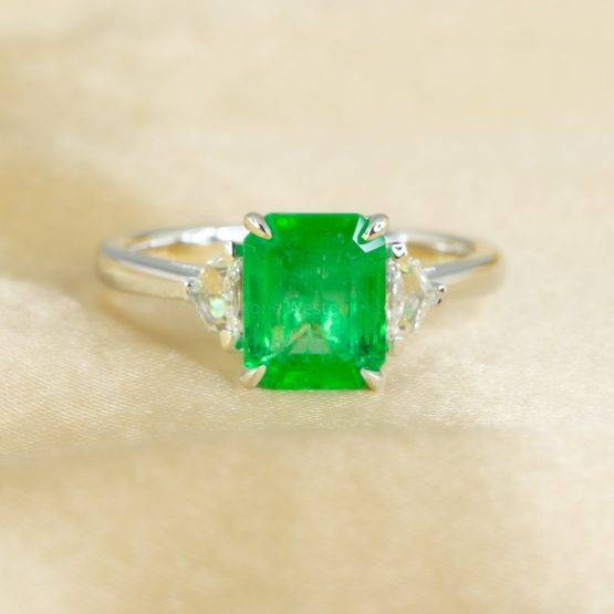 2.21ct Emerald Cut Emerald Ring | Colombian Emerald and Diamonds Three Stone Ring