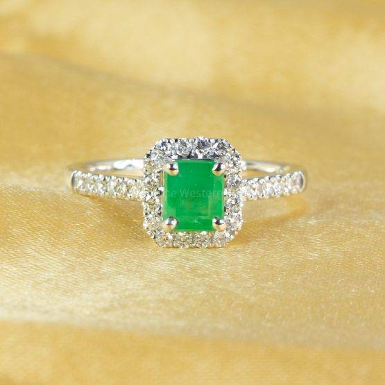 Classic Colombian Emerald and Diamond Halo Ring in 18K White Gold - 1982694-1