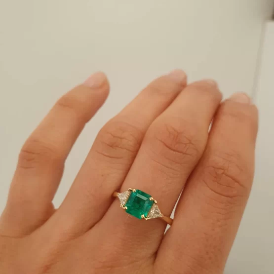Emerald Cut Emerald Ring | Colombian Emerald and Trillion Cut Diamonds Ring - 1982683-6