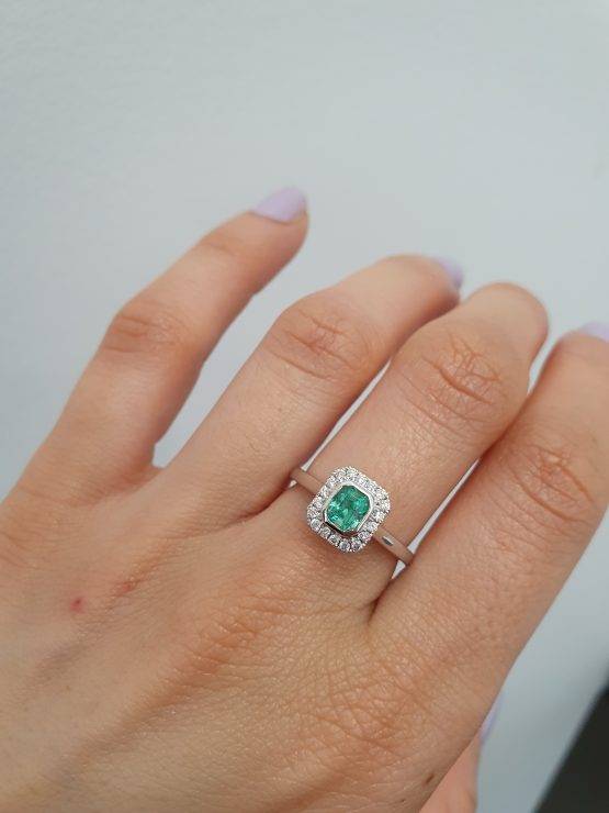 Platinum Emerald Ring with Diamond Halo - 1982695-1