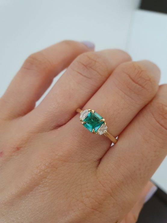 Emerald Cut Emerald and Cadillac Diamonds Three Stone Ring - 1982698