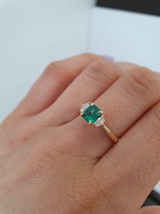 Emerald Cut Emerald and Cadillac Diamonds Three Stone Ring - 1982698-1