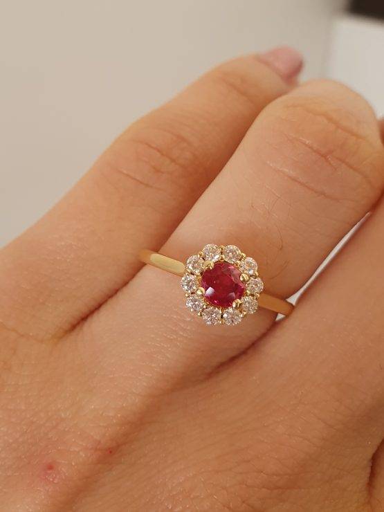 Natural Round Ruby Halo Ring | 18K Yellow Gold Ruby Ring - 1982705
