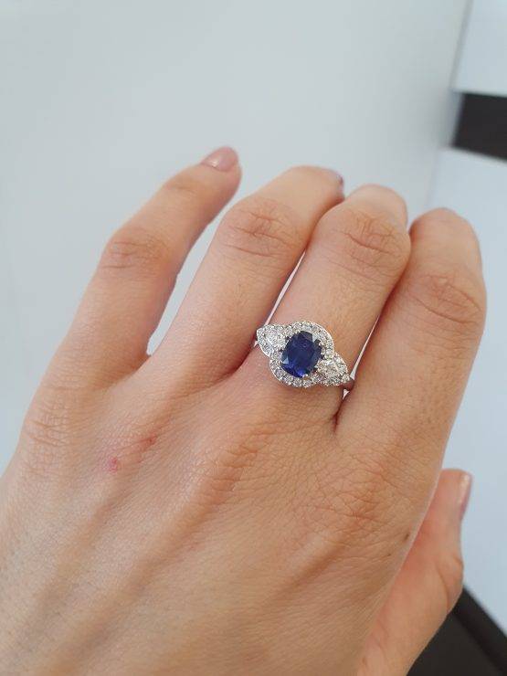 Natural Blue Sapphire and Diamonds Cluster Ring | Sapphire Platinum Ring - 1982707