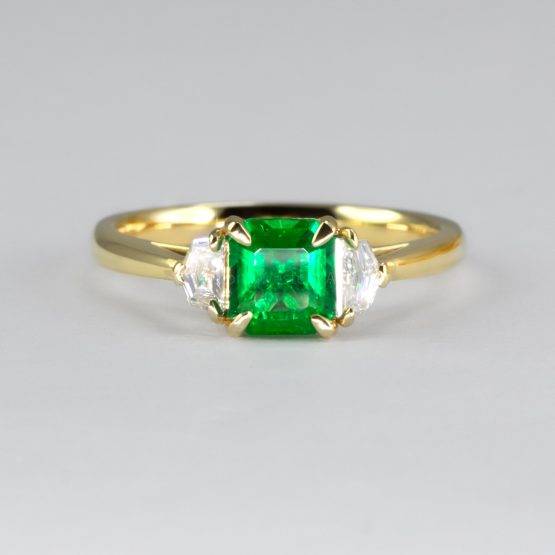 Emerald Cut Emerald and Cadillac Diamonds Three Stone Ring - 1982698-2