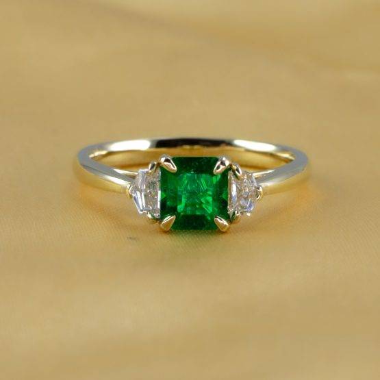 Emerald Cut Emerald and Cadillac Diamonds Three Stone Ring - 1982698-4