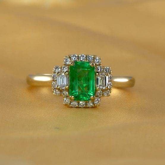Colombian Emerald Three Stone Halo Ring Emerald and Diamond Three Stone Ring - 1982701