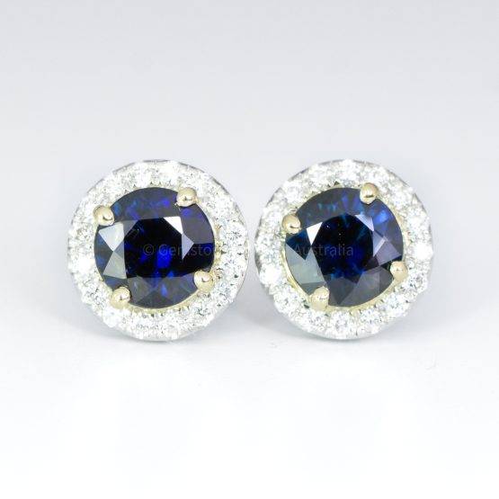 1.75ct Round Blue Sapphire Halo Stud Earrings in White Gold