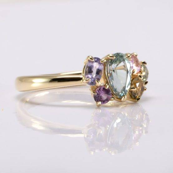 Pear Shape Teal Sapphire Asymmetrical Ring in 18K Yellow Gold - 1982713