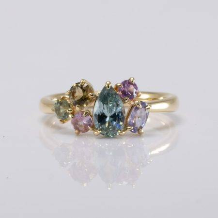 Pear Shape Teal Sapphire Asymmetrical Ring in 18K Yellow Gold - 1982713-2