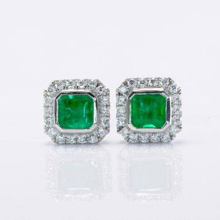Emerald Cut Emerald Studs | Colombian Emerald and Diamond Halo Earrings - 1982712