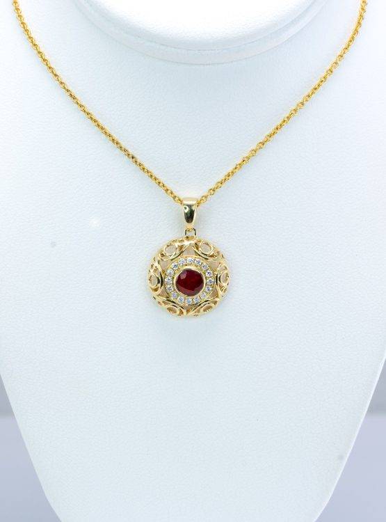 Natural Ruby Halo Pendant | Ruby and Diamonds Pendant in 18K Gold - 1982721-1