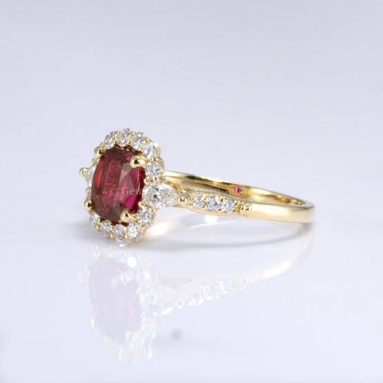 Natural Ruby Ring with Pear-Shaped Diamonds and Halo of Round Diamonds in 18K Yellow Gold | Natural Gemstone Jewellery - 1982738-2