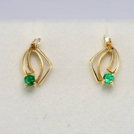 18K Yellow Gold Earrings with Round Emerald and Diamond Accents - 1982742-1