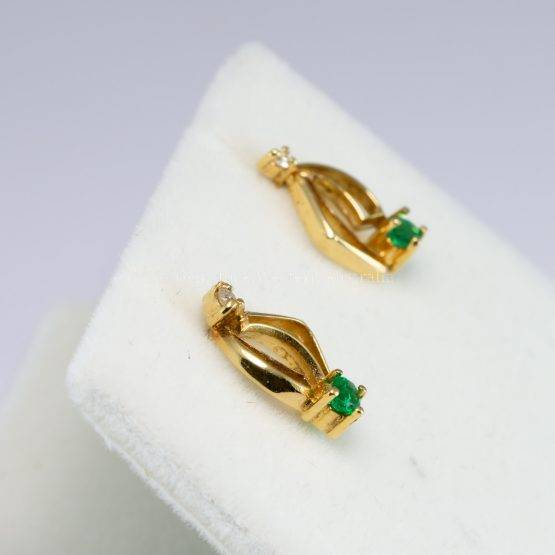 18K Yellow Gold Earrings with Round Emerald and Diamond Accents - 1982742-2