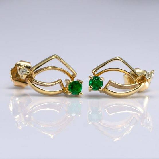 18K Yellow Gold Earrings with Round Emerald and Diamond Accents - 1982742-4